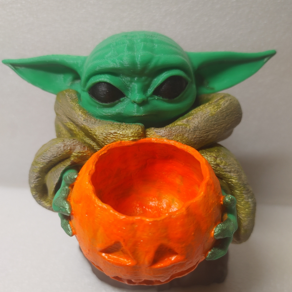 Green Baby Yoda Figurine Holding Orange Pumpkin - Picture 6 of 9